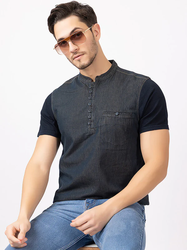 Men's Denim-effect Half Kurta - Image 7