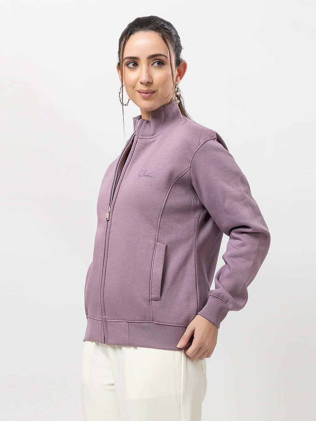 Women's Solid Zipper Sweatshirt - Image 3