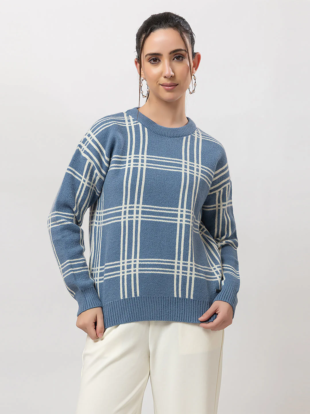 Women's Crew-Neck Checked Sweater
