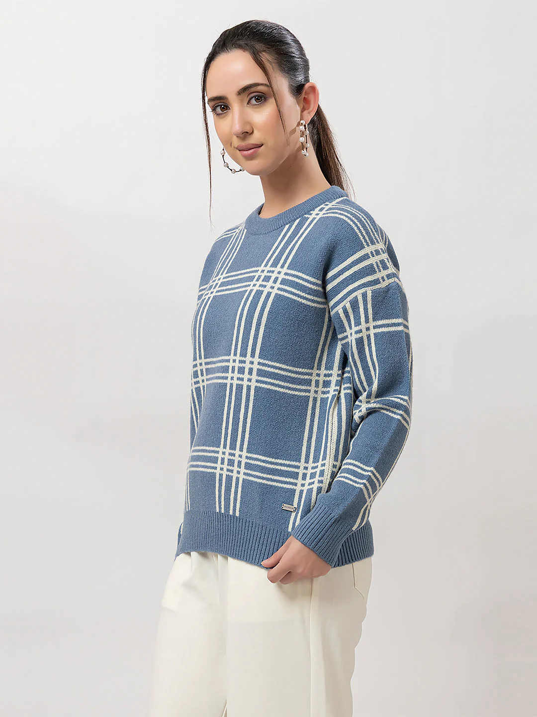 Women's Crew-Neck Checked Sweater - Image 2