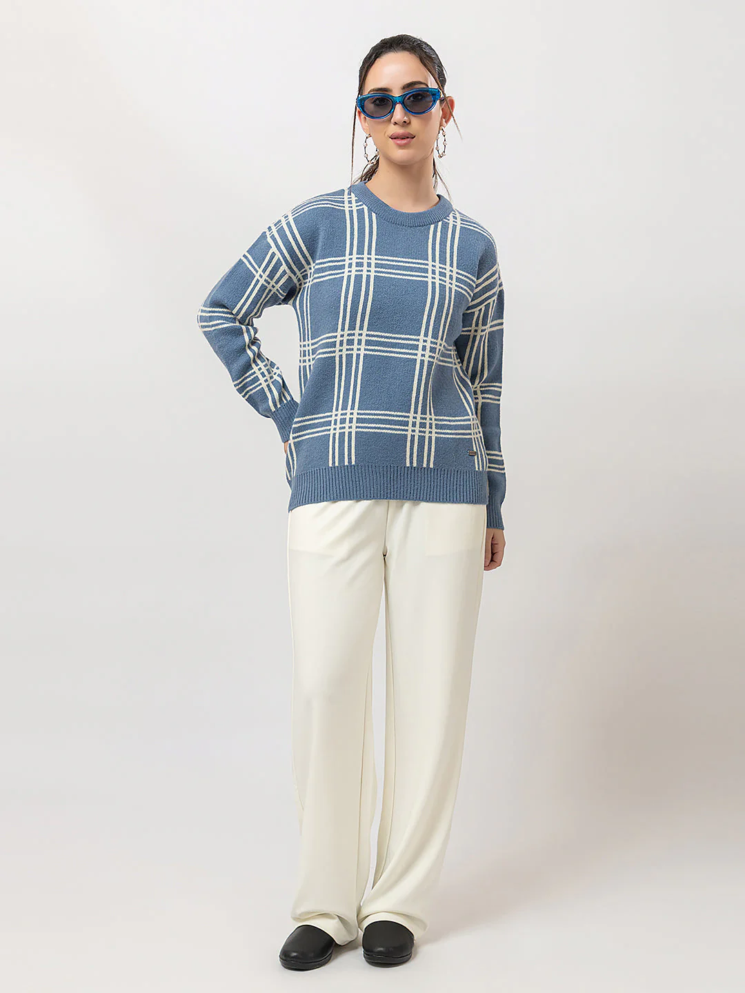 Women's Crew-Neck Checked Sweater - Image 4