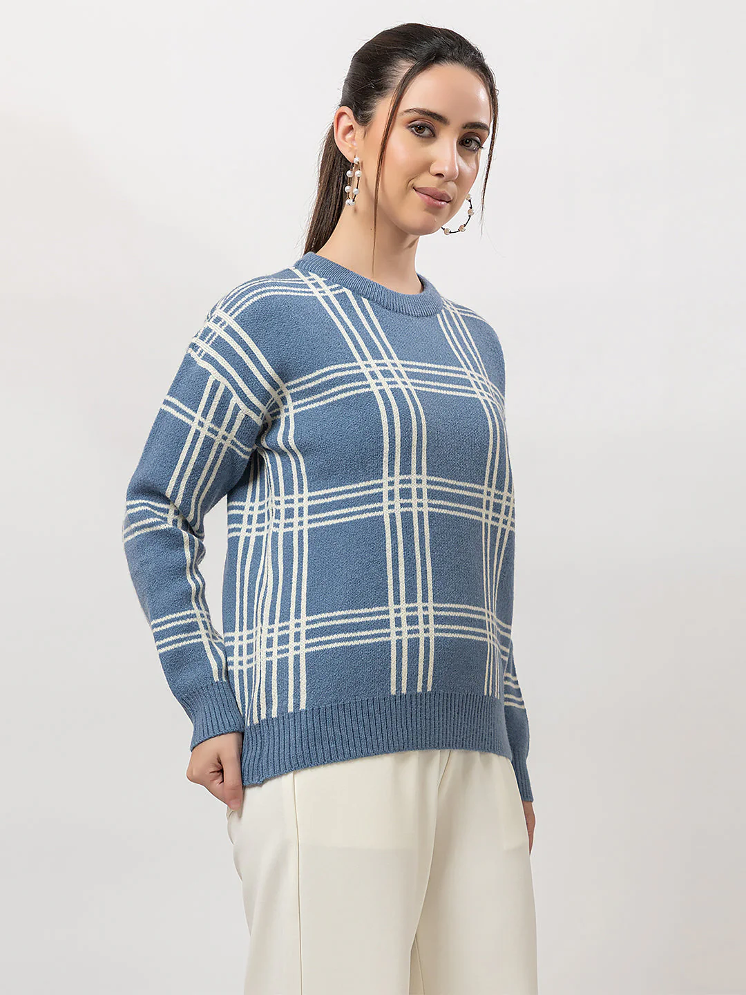 Women's Crew-Neck Checked Sweater - Image 7