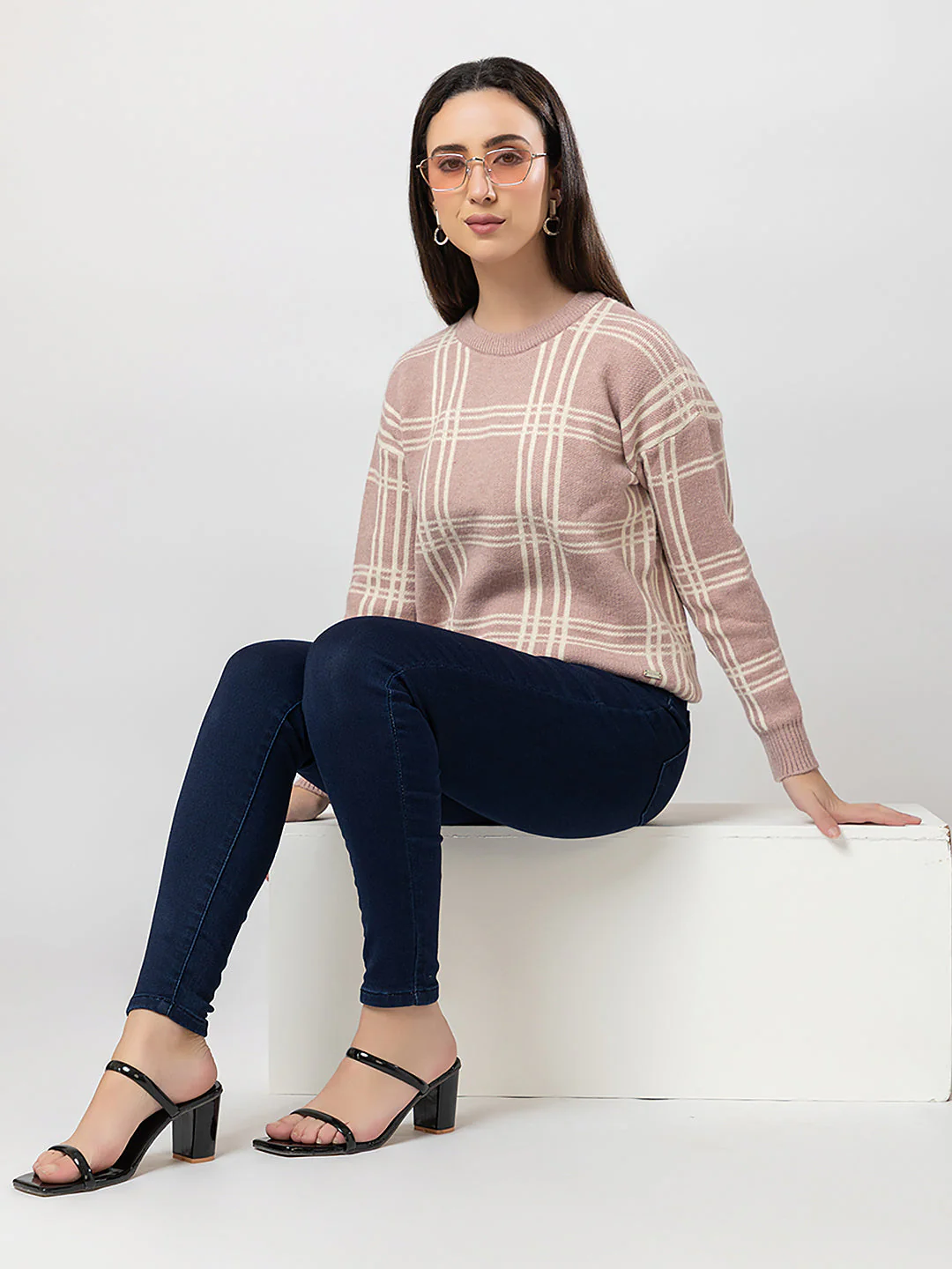 Women's Crew-Neck Checked Sweater - Image 6